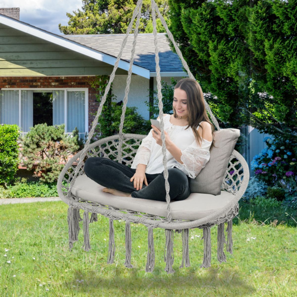 2-person Macrame Hammock Chair With Cushion