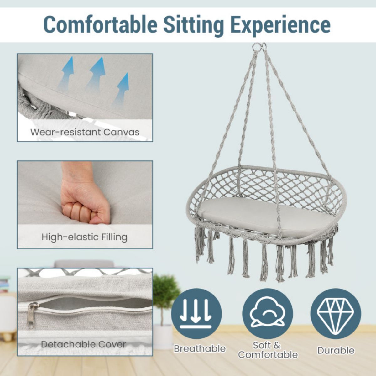 2-person Macrame Hammock Chair With Cushion