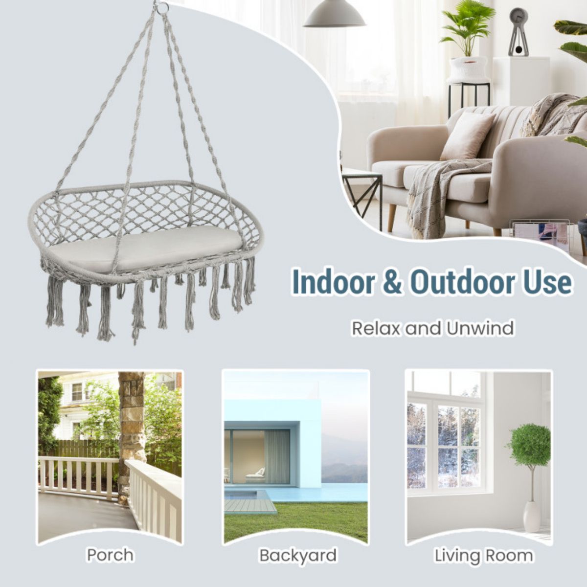 2-person Macrame Hammock Chair With Cushion