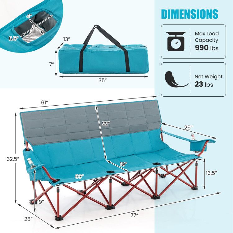 3-person Folding Camping Chair Padded Couch