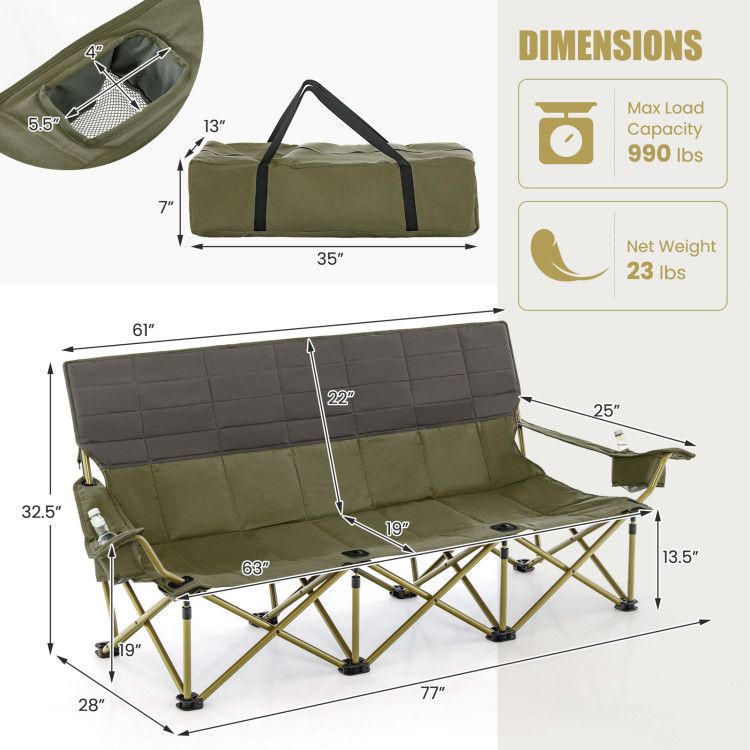3-person Folding Camping Chair Padded Couch