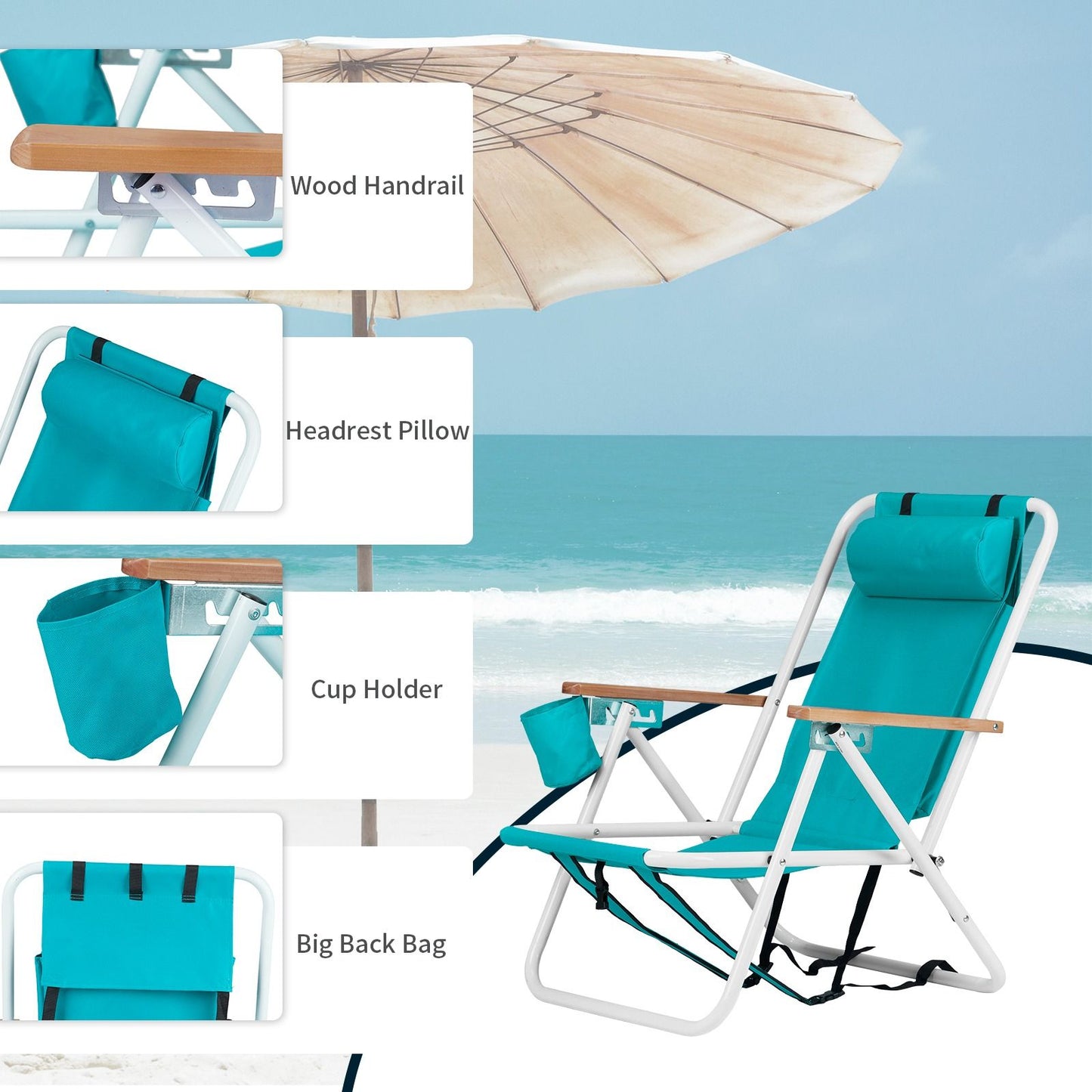 4-position Folding Beach Chair With Headrest and Backpack