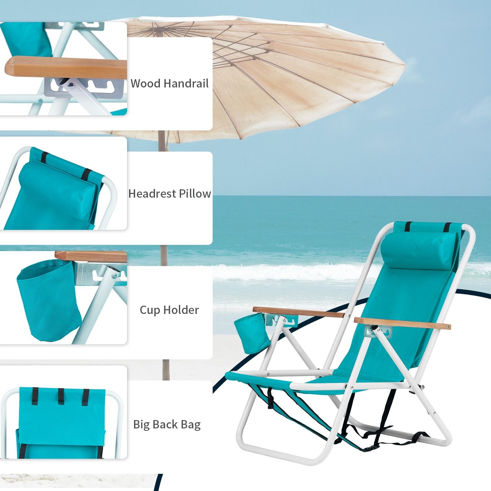 4-position Folding Beach Chair With Headrest and Backpack