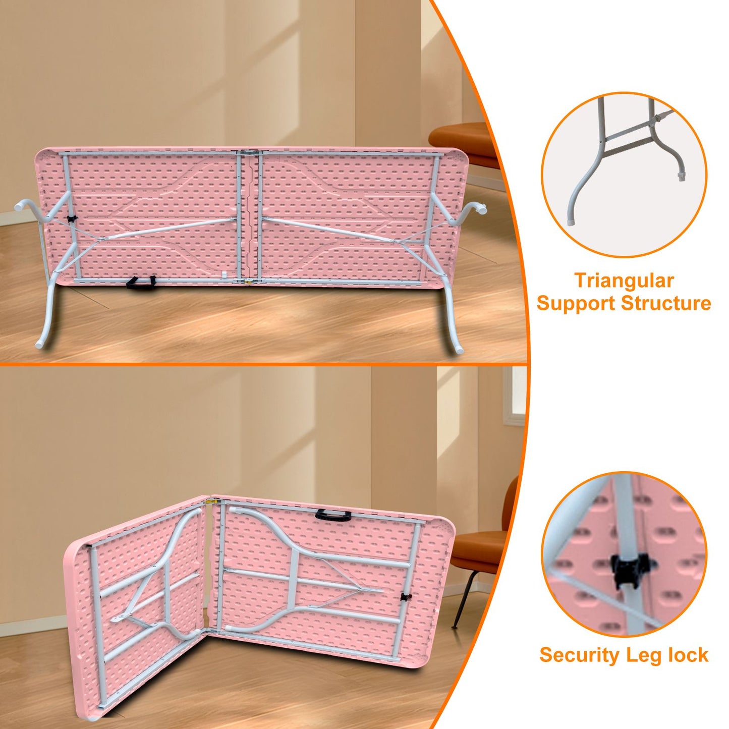 8ft Pink Folding Plastic Table Portable High Load