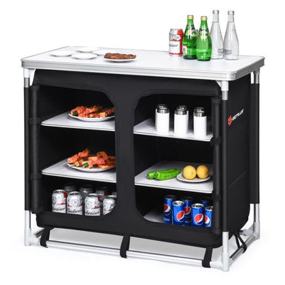 Black Folding Camping Kitchen Table With Storage Shelves
