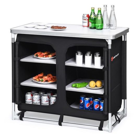 Black Folding Camping Kitchen Table With Storage Shelves