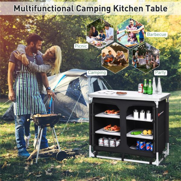 Black Folding Camping Kitchen Table With Storage Shelves