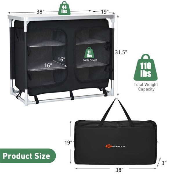 Black Folding Camping Kitchen Table With Storage Shelves