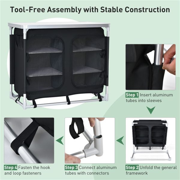 Black Folding Camping Kitchen Table With Storage Shelves