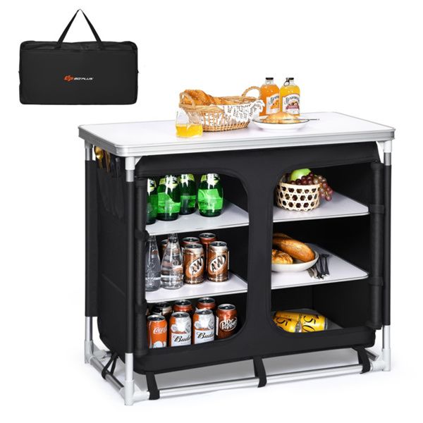 Black Folding Camping Kitchen Table With Storage Shelves