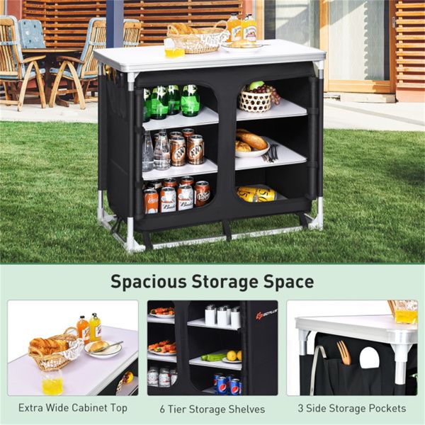 Black Folding Camping Kitchen Table With Storage Shelves