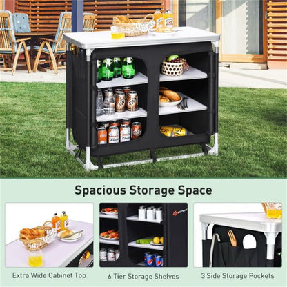 Black Folding Camping Kitchen Table With Storage Shelves