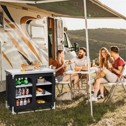 Black Folding Camping Kitchen Table With Storage Shelves