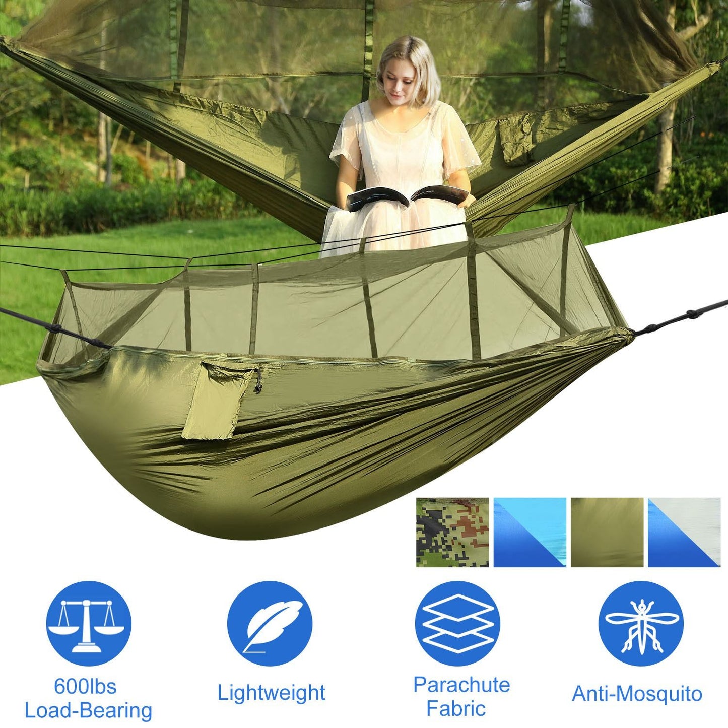 Camping Hammock With Mosquito Net 600lb Double Nylon
