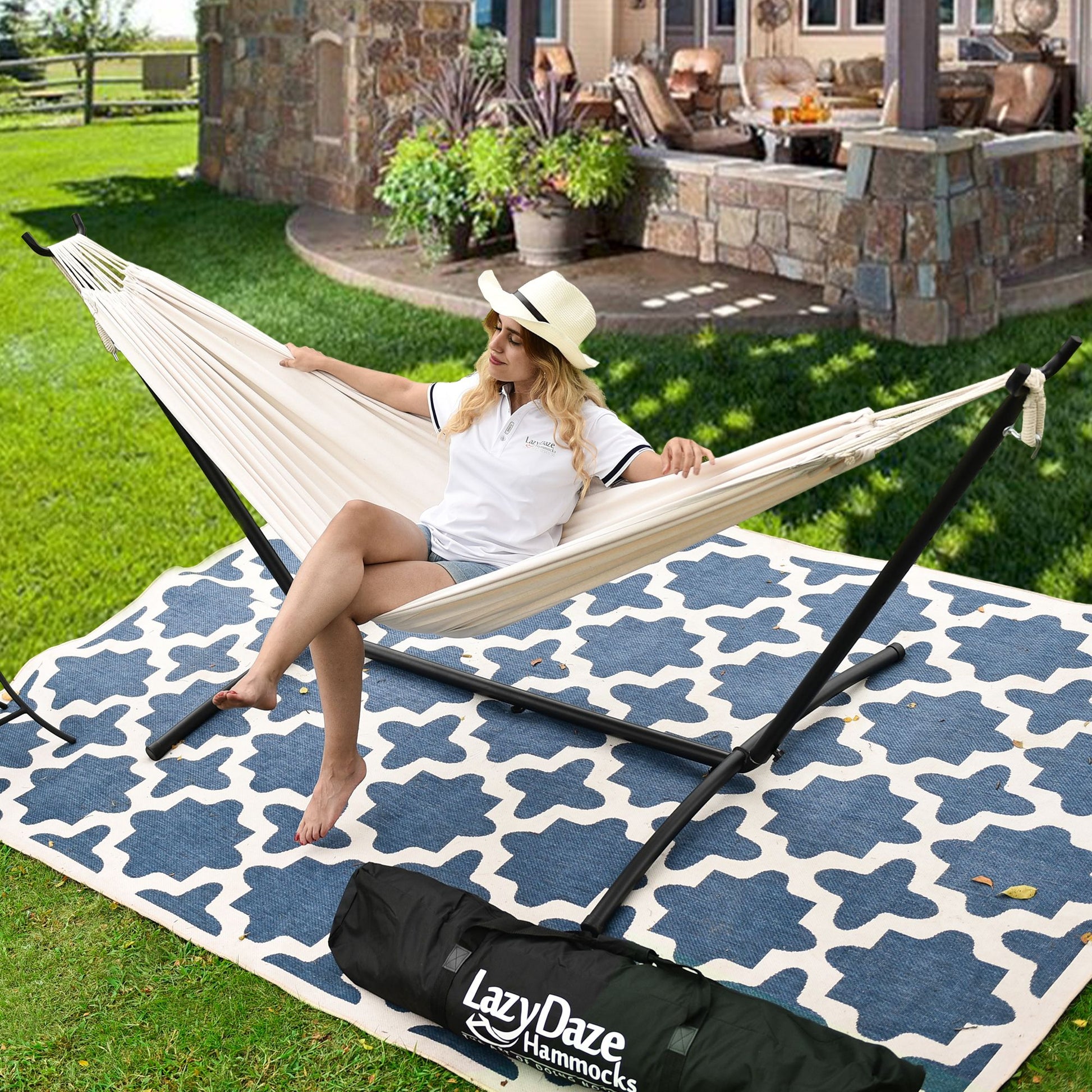 Double Hammock with Steel Stand: Portable with Pillow & Carrying Case 450lbs