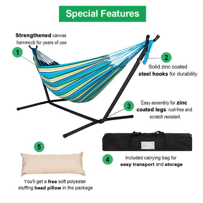 Double Hammock with Steel Stand: Portable with Pillow & Carrying Case 450lbs