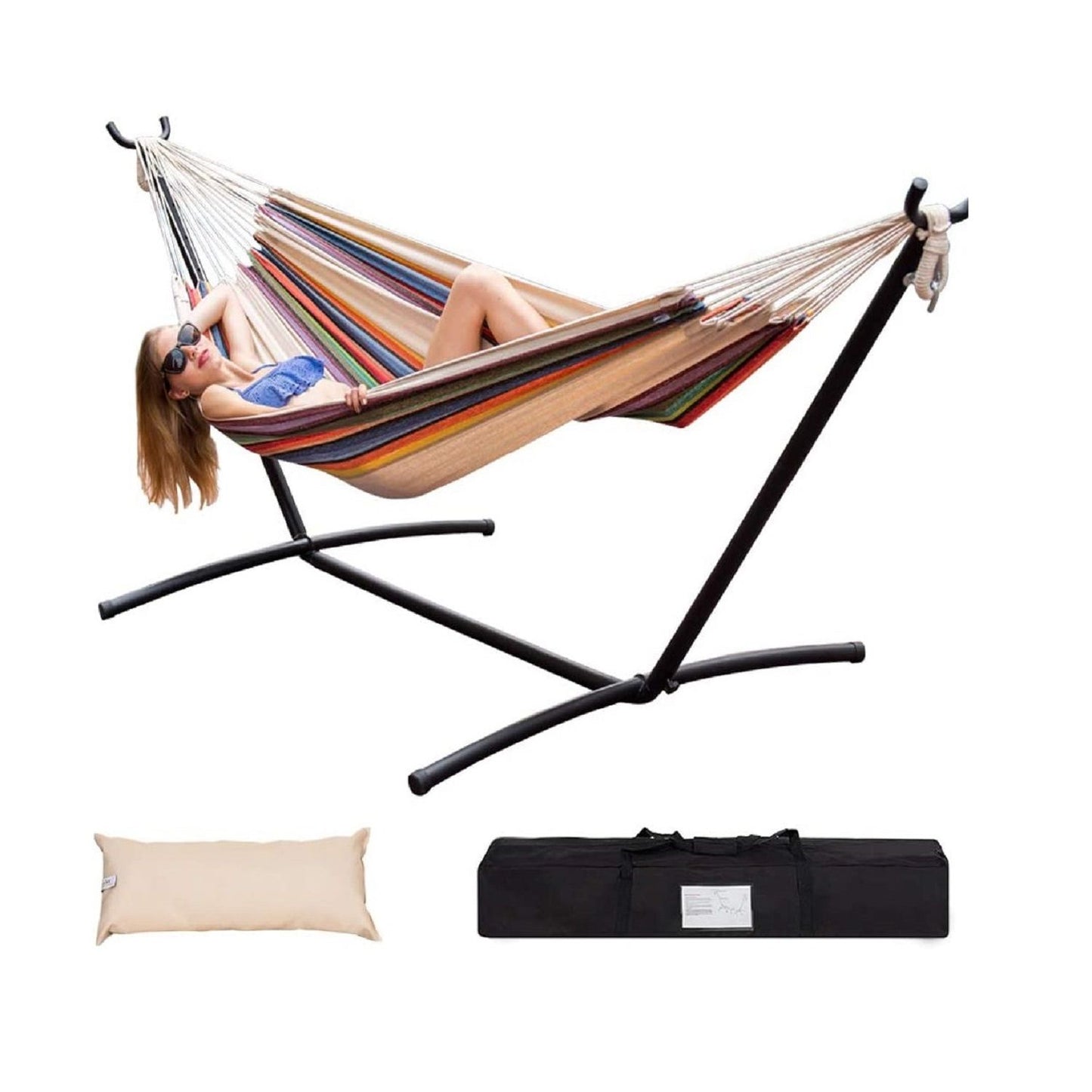 Double Hammock with Steel Stand: Portable with Pillow & Carrying Case 450lbs