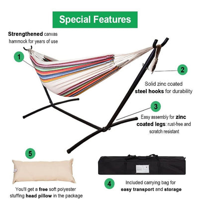 Double Hammock with Steel Stand: Portable with Pillow & Carrying Case 450lbs