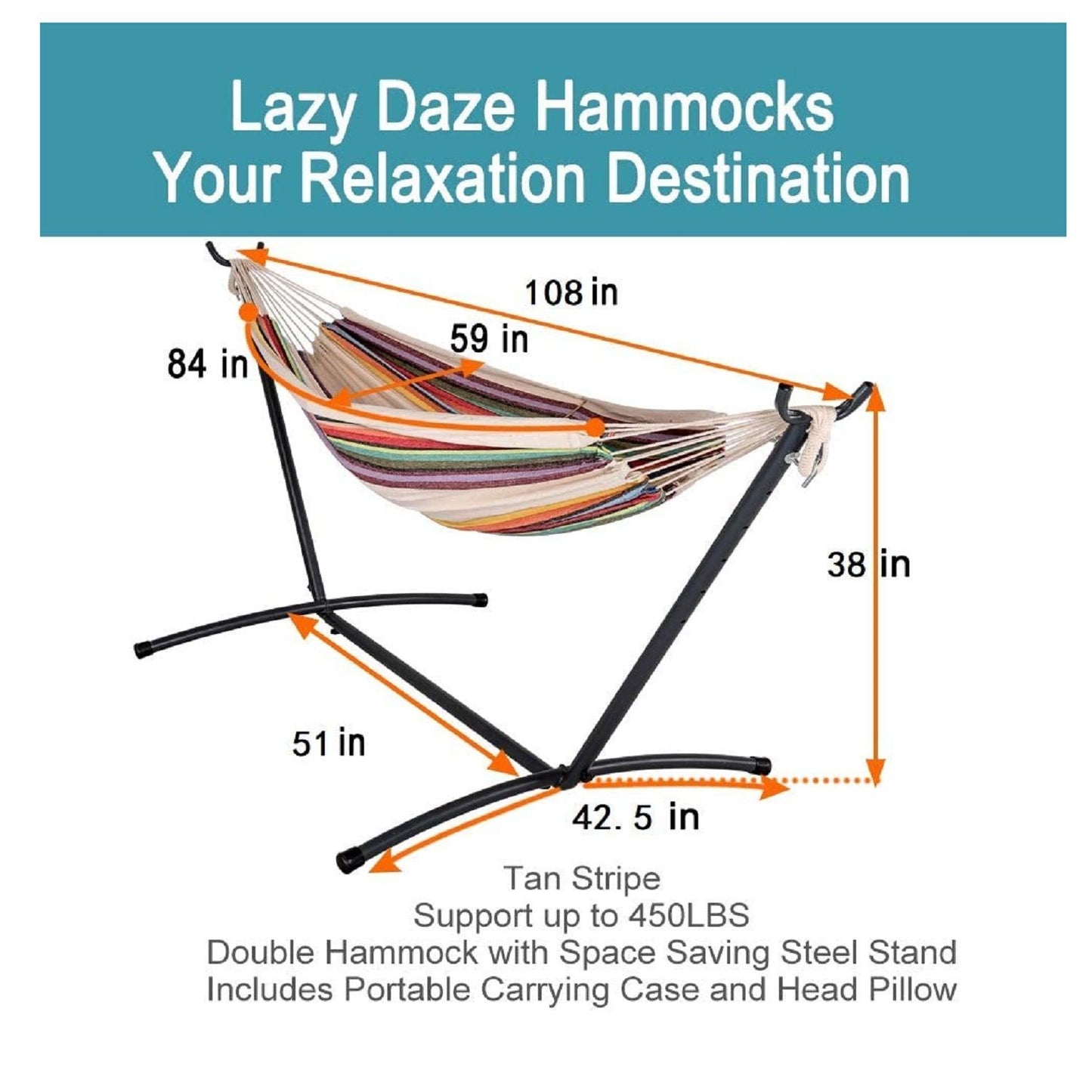 Double Hammock with Steel Stand: Portable with Pillow & Carrying Case 450lbs
