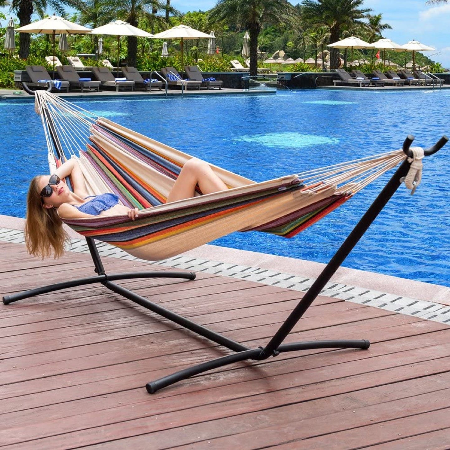 Double Hammock with Steel Stand: Portable with Pillow & Carrying Case 450lbs