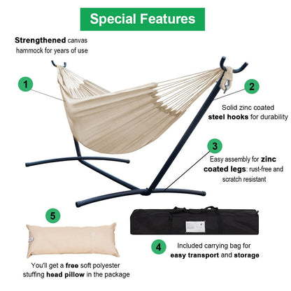 Double Hammock with Steel Stand: Portable with Pillow & Carrying Case 450lbs