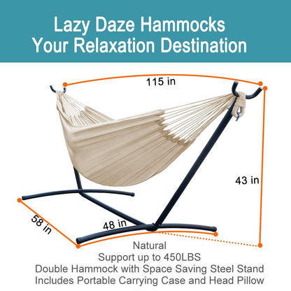 Double Hammock with Steel Stand: Portable with Pillow & Carrying Case 450lbs