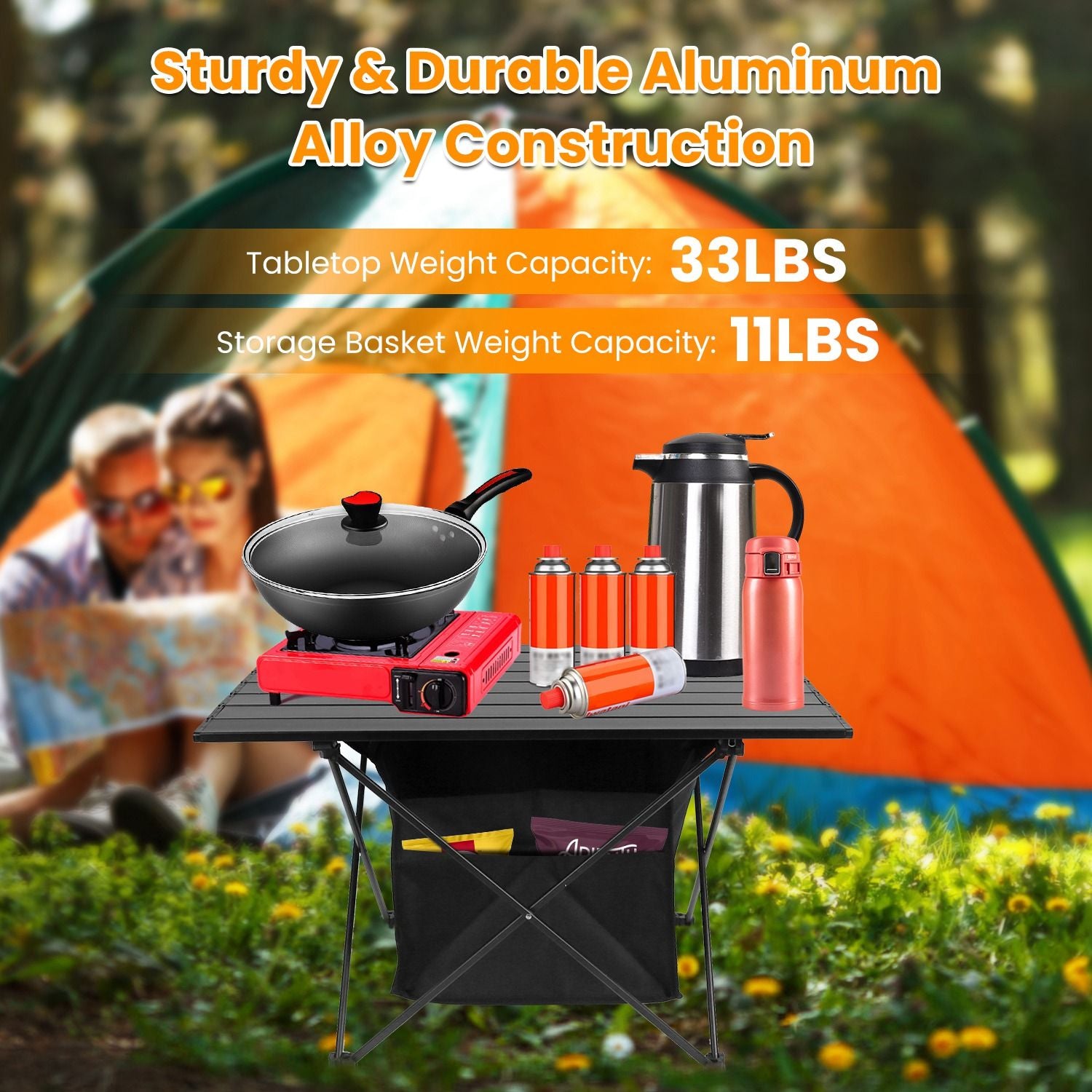 Foldable Aluminum Camping Table With Storage Basket