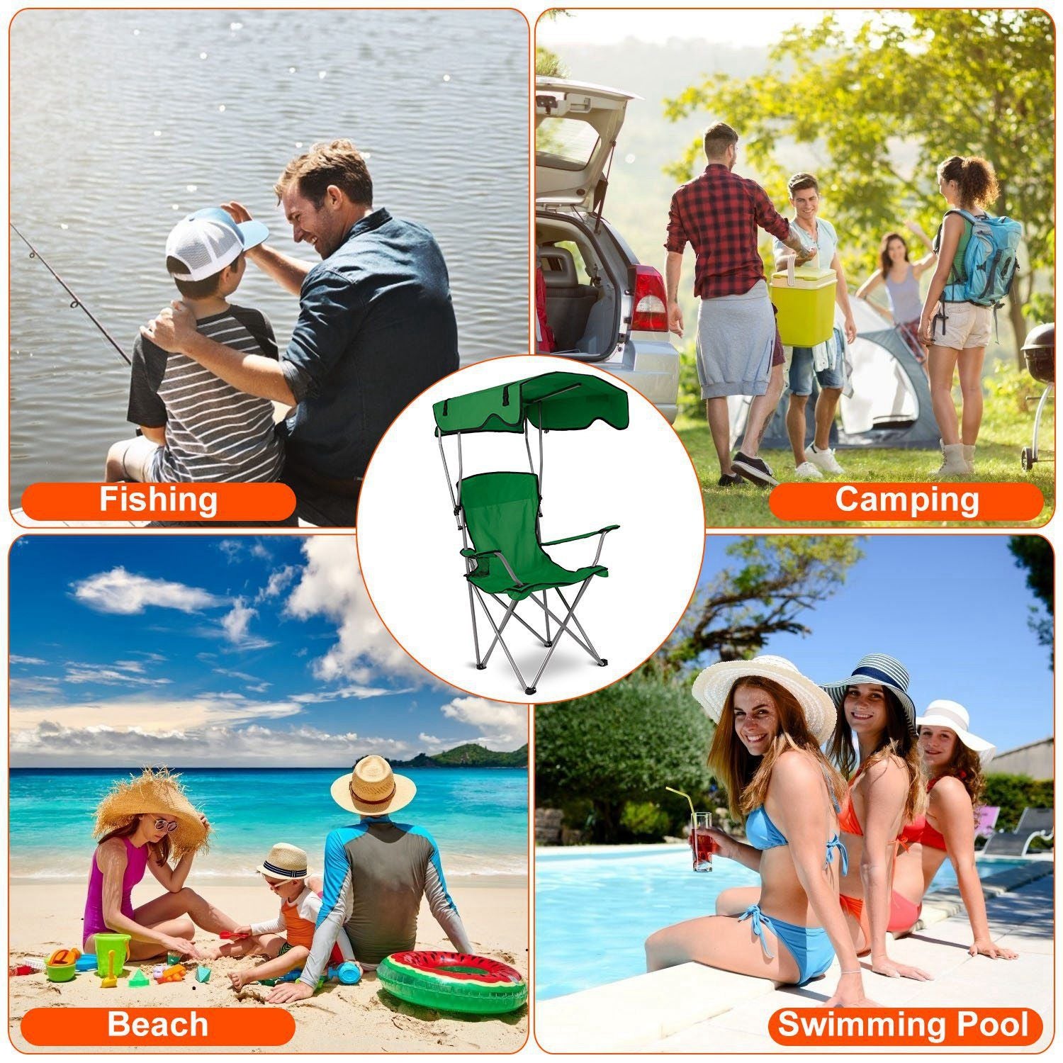 Foldable Beach Canopy Chair With Sunshade and Cup Holder