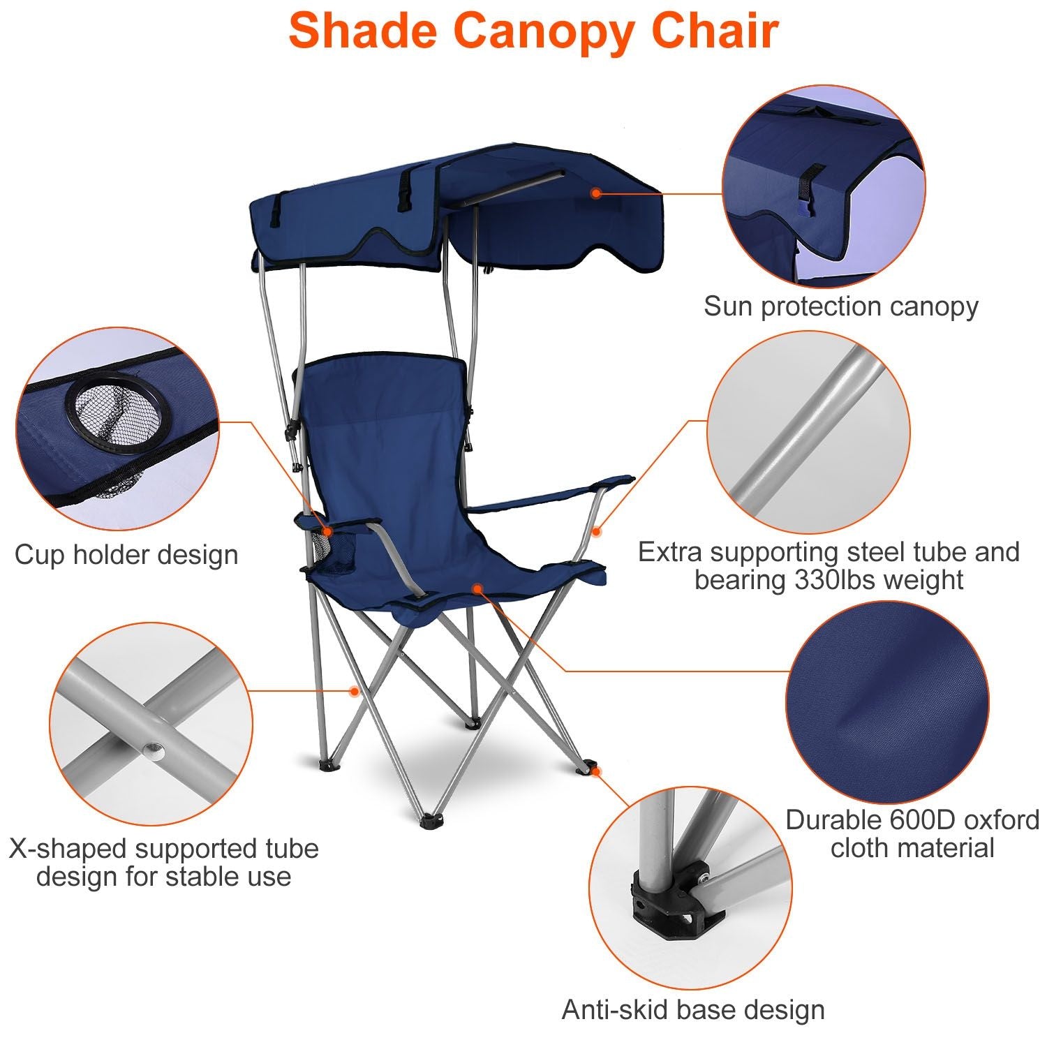 Foldable Beach Canopy Chair With Sunshade and Cup Holder