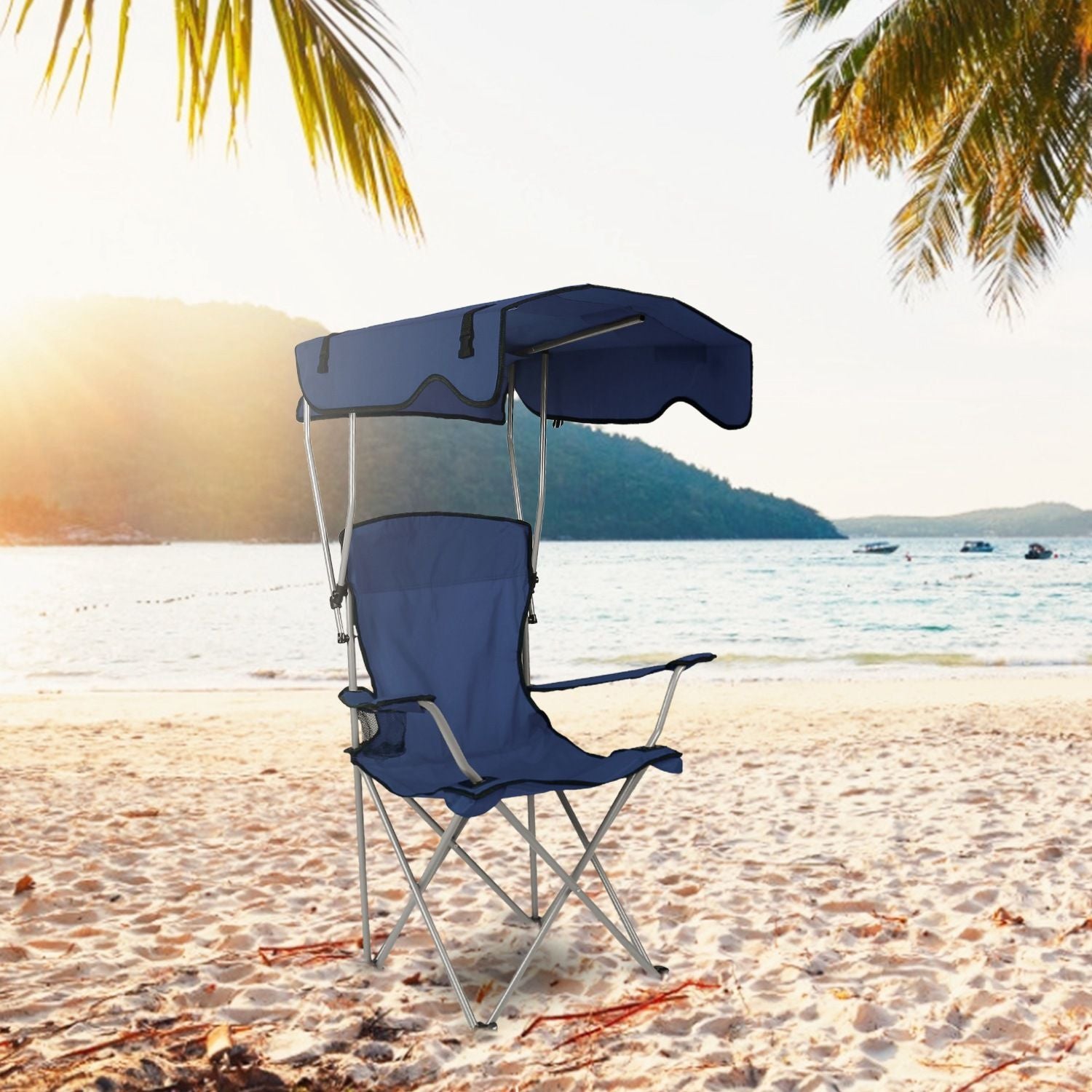 Foldable Beach Canopy Chair With Sunshade and Cup Holder