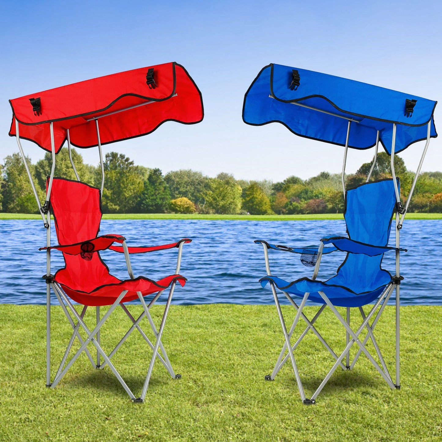 Foldable Beach Canopy Chair With Sunshade and Cup Holder