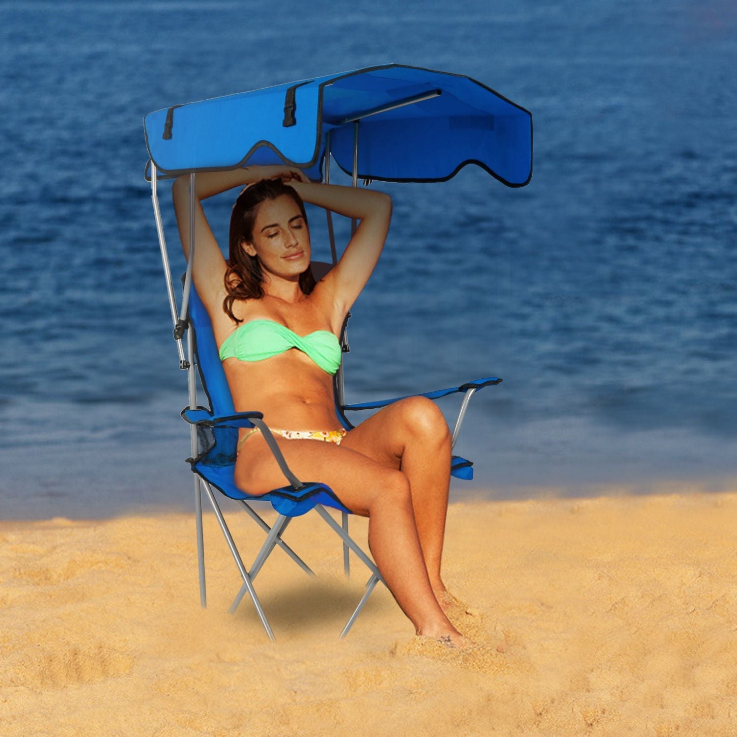 Foldable Beach Canopy Chair With Sunshade and Cup Holder