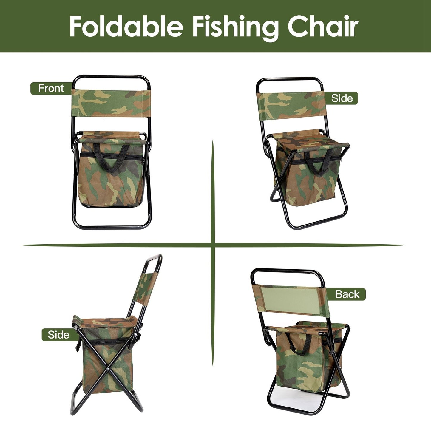 Foldable Fishing Chair with Backrest & Built-In Cooler Bag