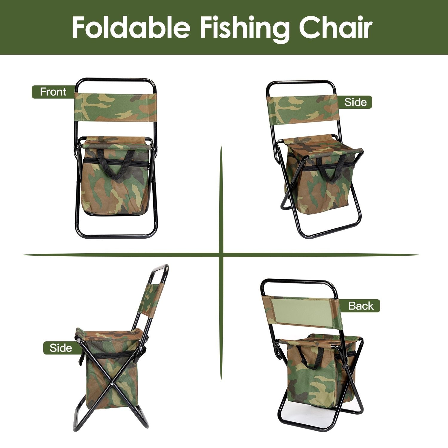 Foldable Fishing Chair with Backrest & Built-In Cooler Bag