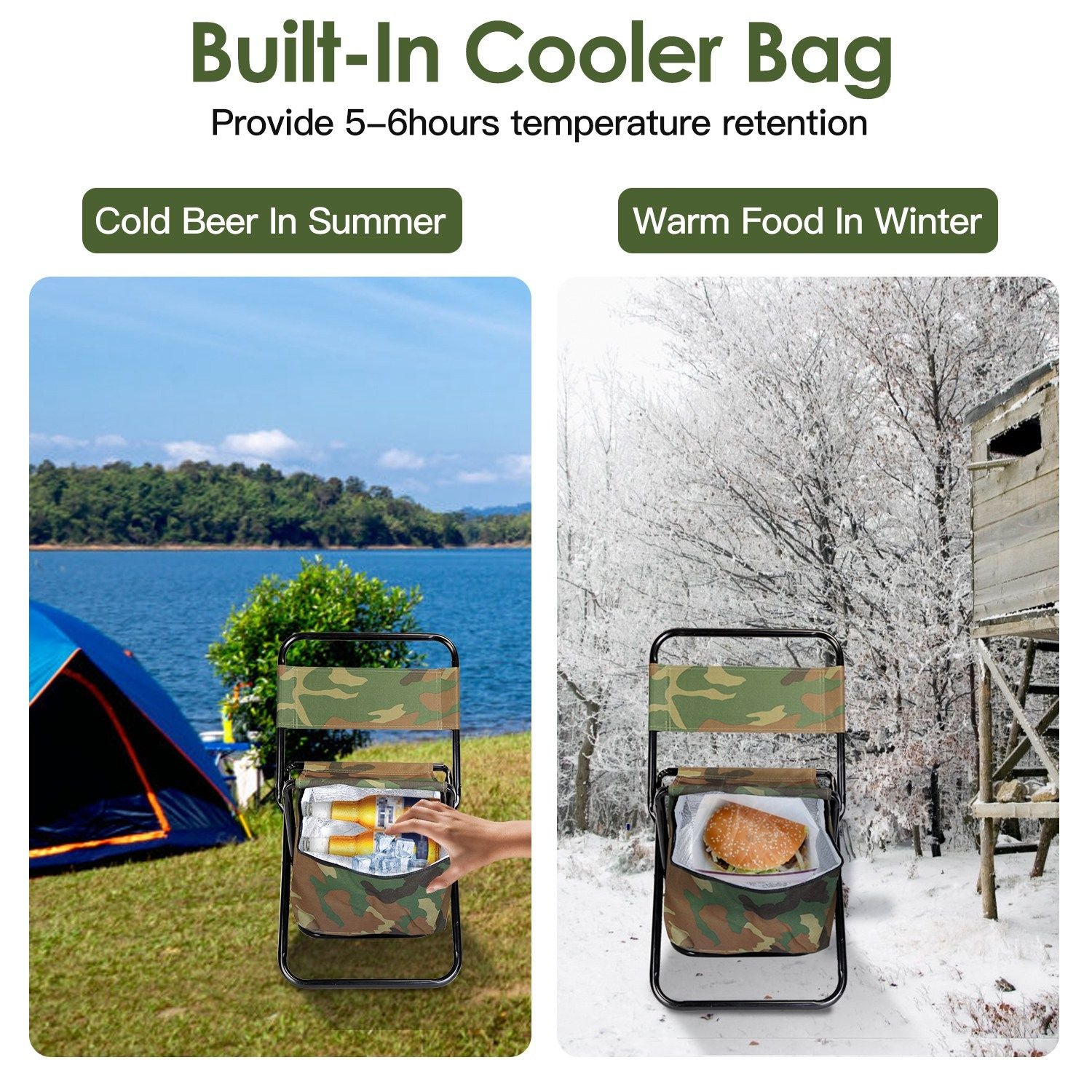 Foldable Fishing Chair with Backrest & Built-In Cooler Bag