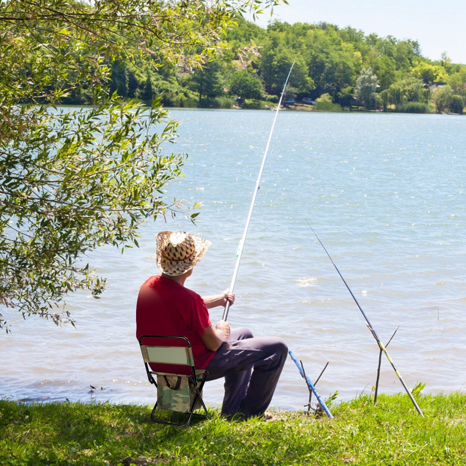Foldable Fishing Chair with Backrest & Built-In Cooler Bag