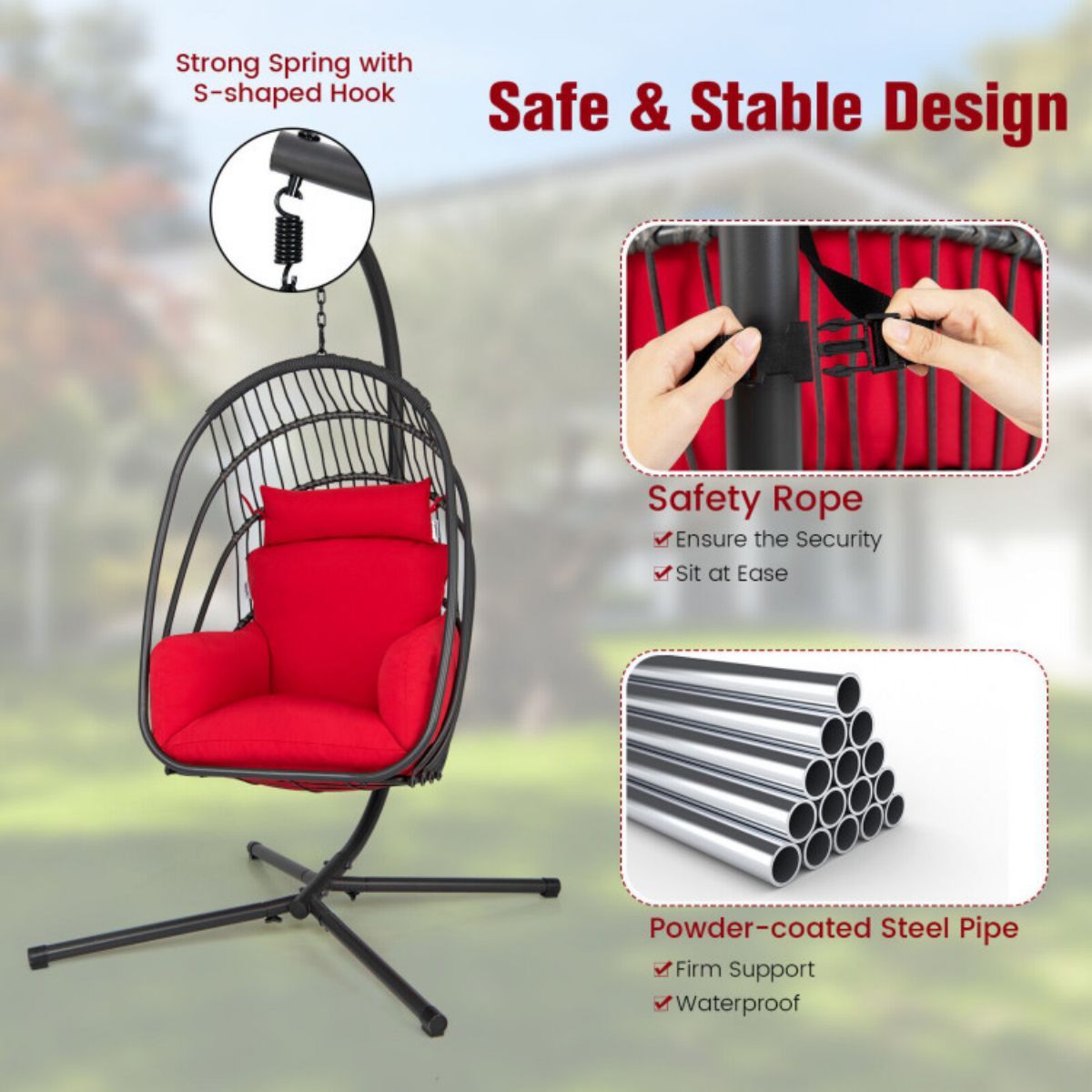 Folding Hanging Egg Chair With Stand and Cushion