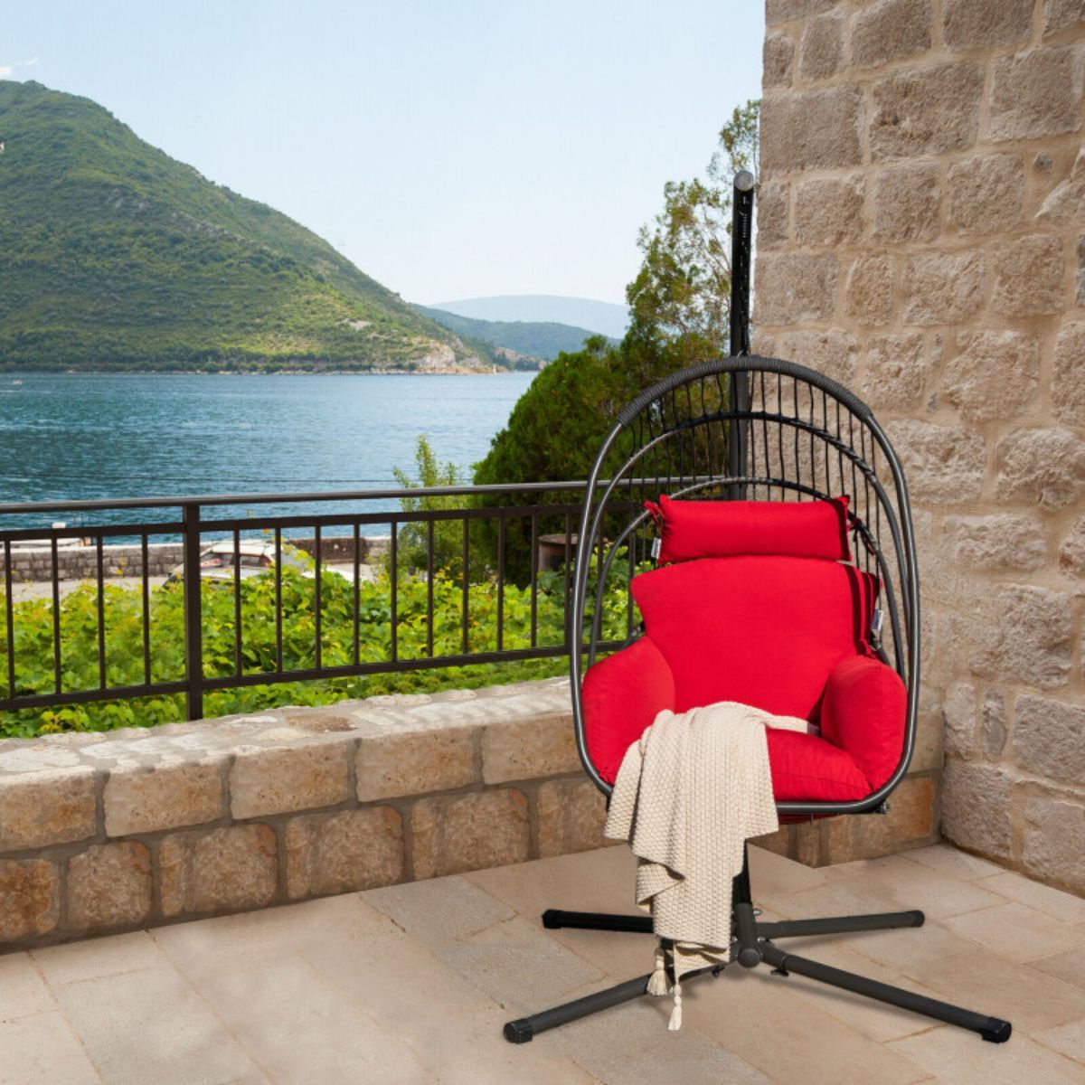 Folding Hanging Egg Chair With Stand and Cushion
