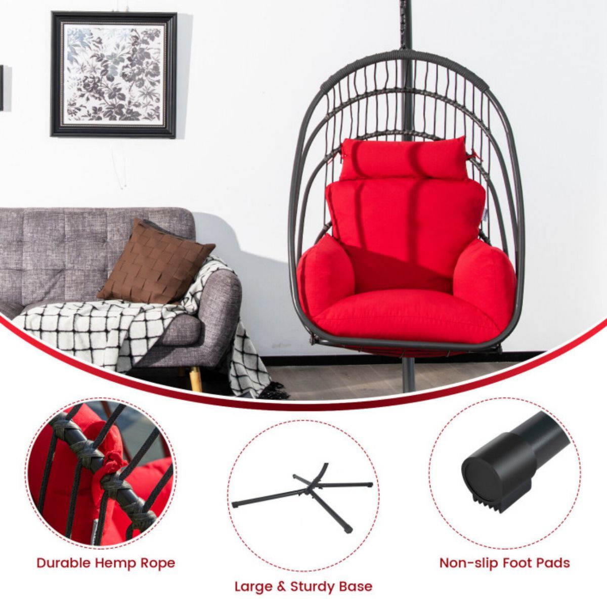 Folding Hanging Egg Chair With Stand and Cushion