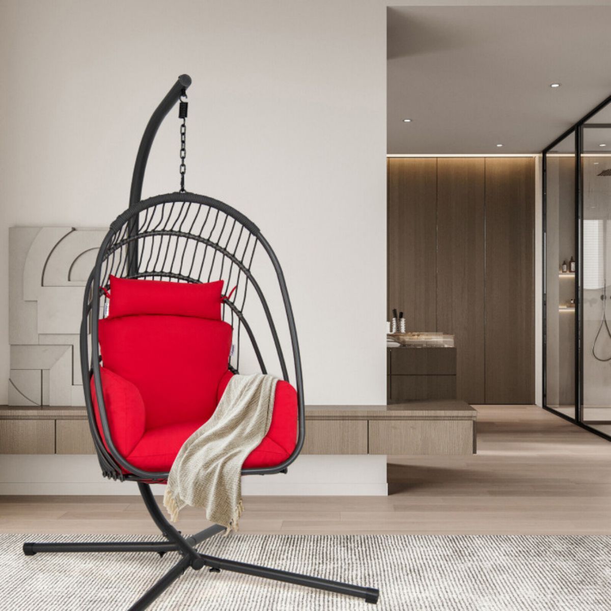 Folding Hanging Egg Chair With Stand and Cushion