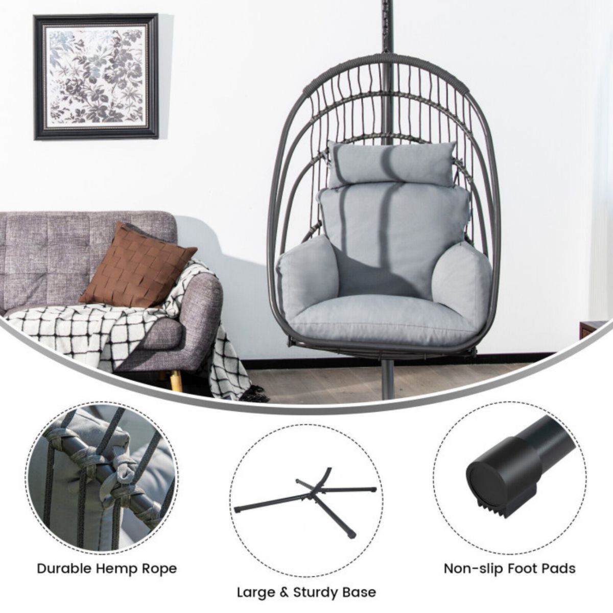Folding Hanging Egg Chair With Stand and Cushion