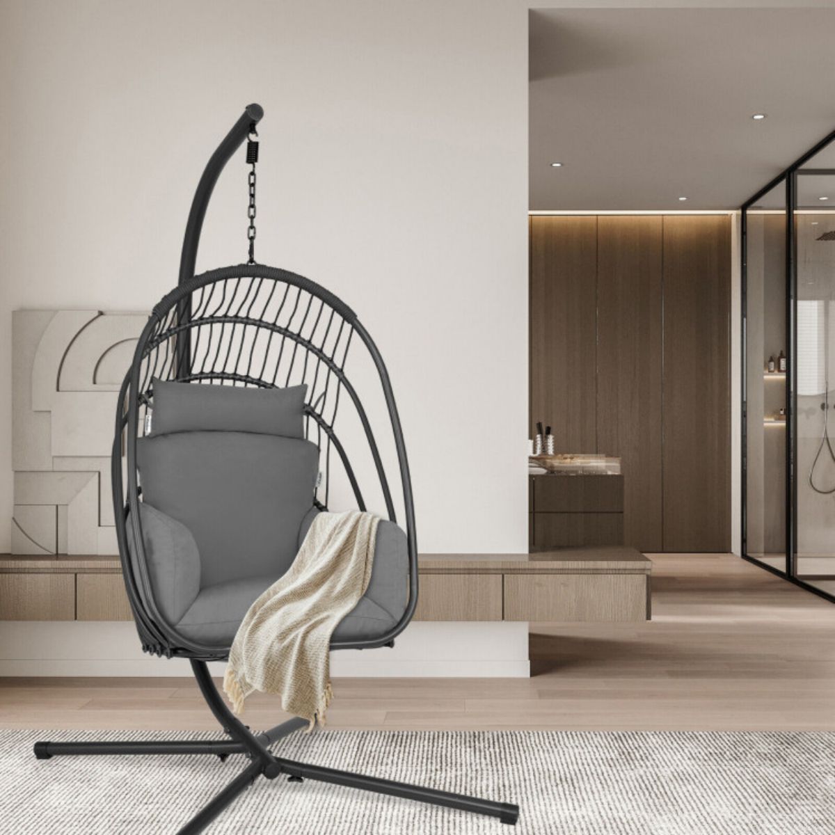 Folding Hanging Egg Chair With Stand and Cushion