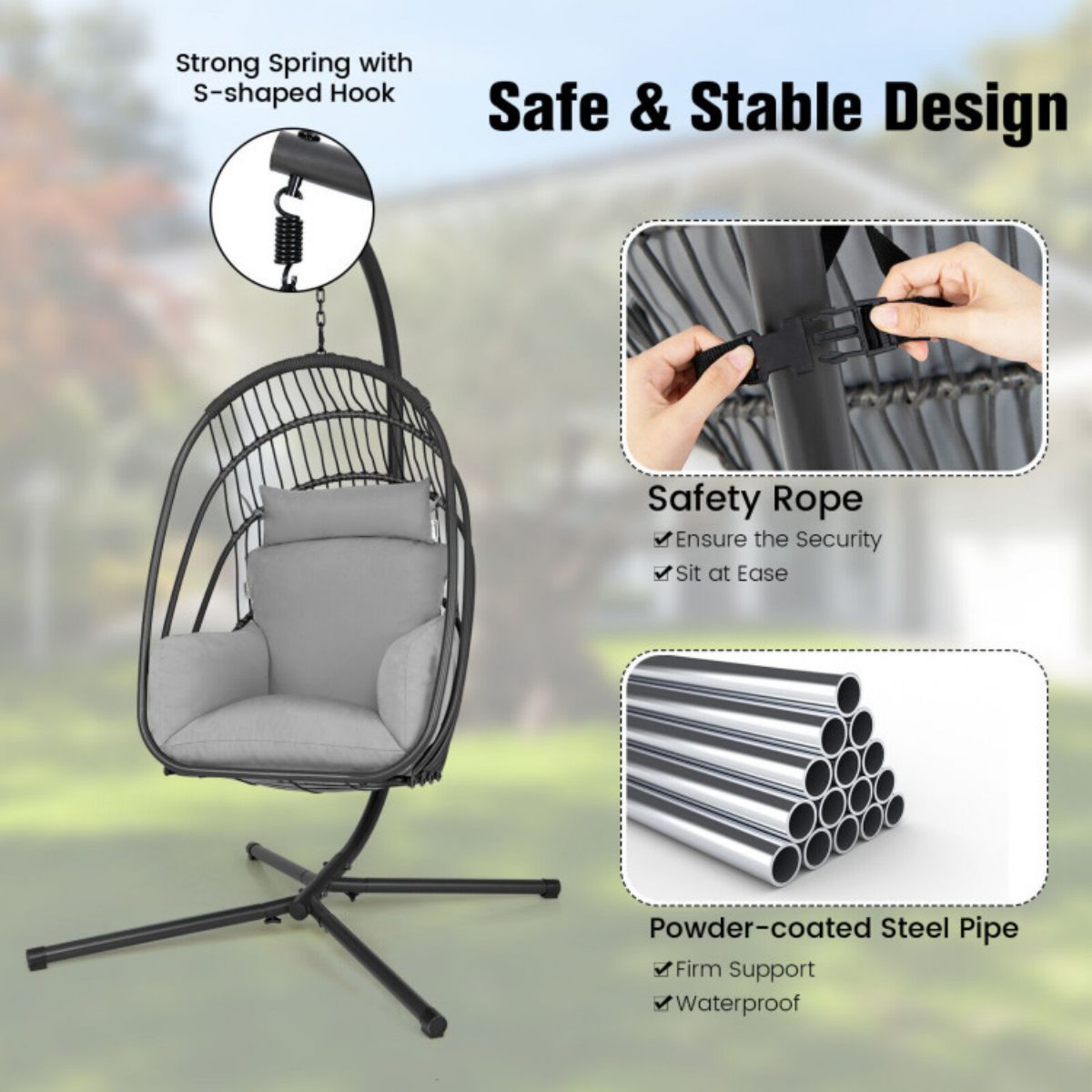 Folding Hanging Egg Chair With Stand and Cushion