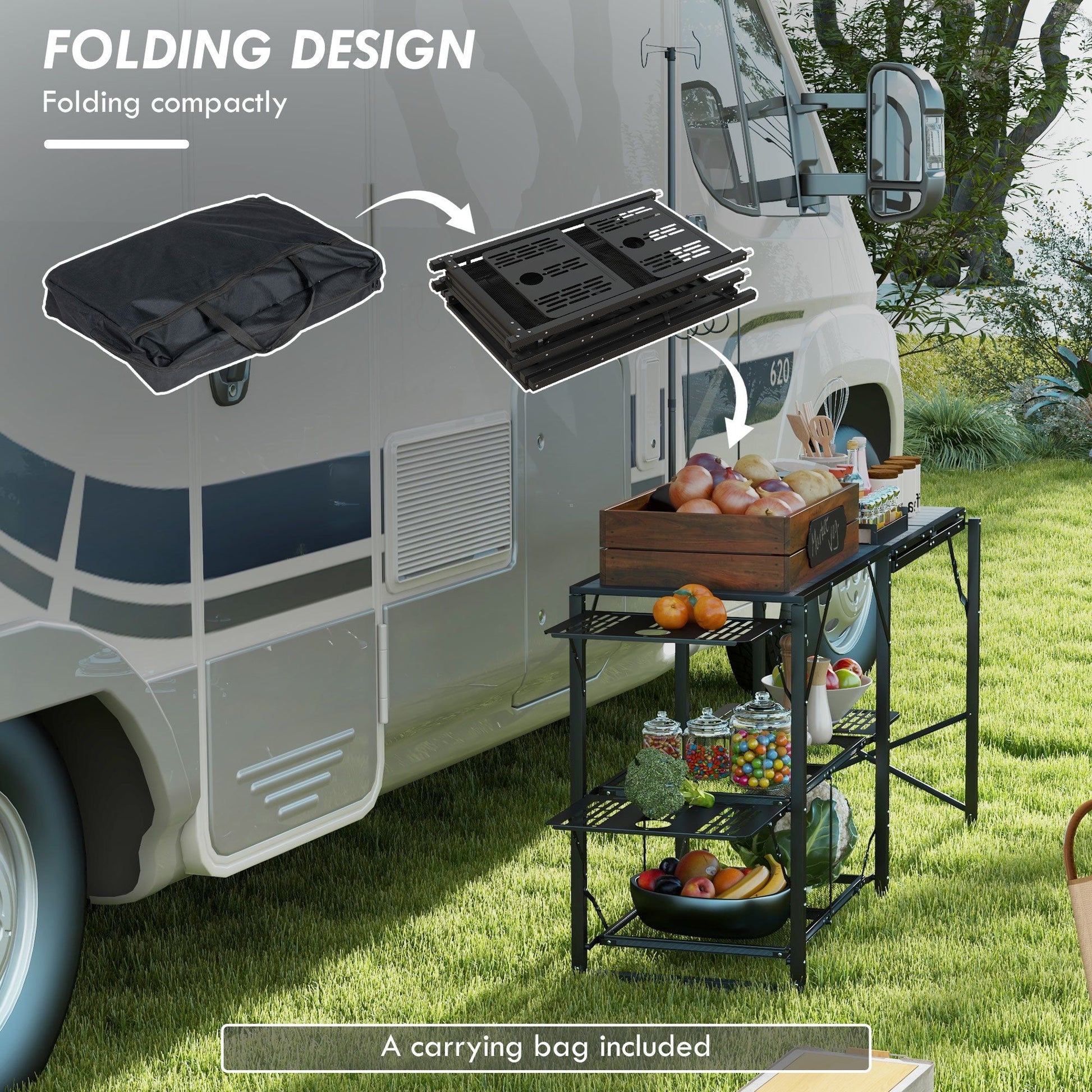 Outsunny Folding Camp Kitchen Table With Lantern Holder Hooks Carrying Bag