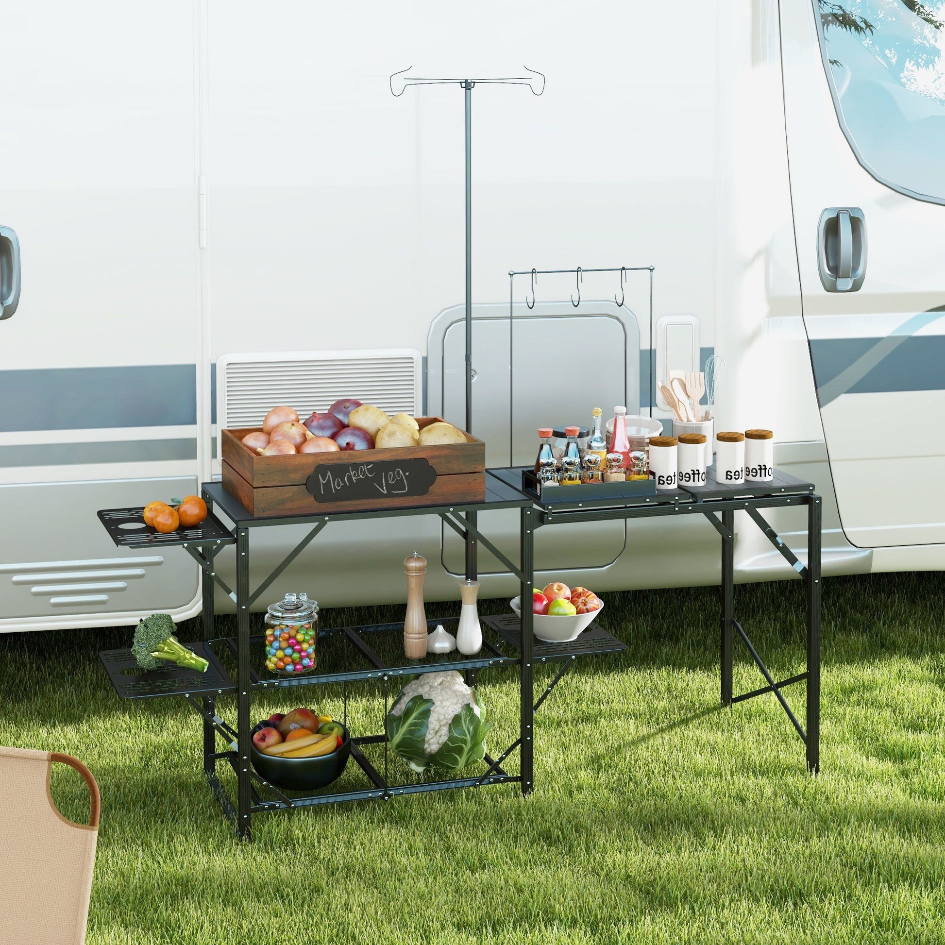 Outsunny Folding Camp Kitchen Table With Lantern Holder Hooks Carrying Bag