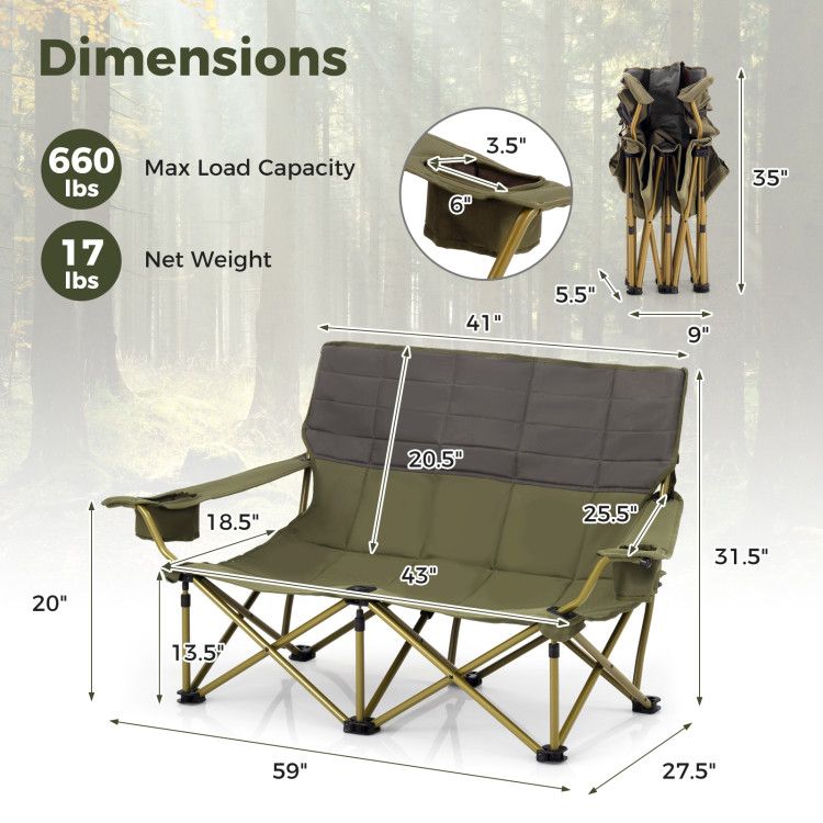 Oversized Folding Camping Loveseat With Cup Holders