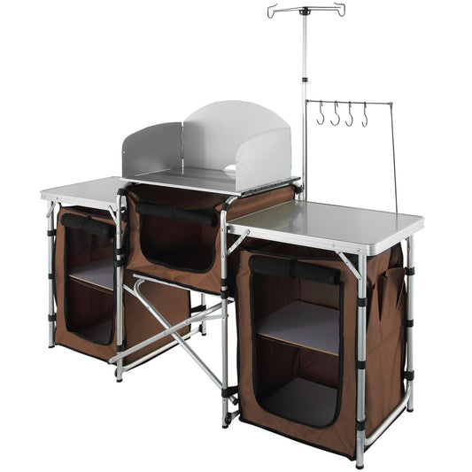 Vevor Folding Camping Kitchen Table With 3 Cupboards Brown