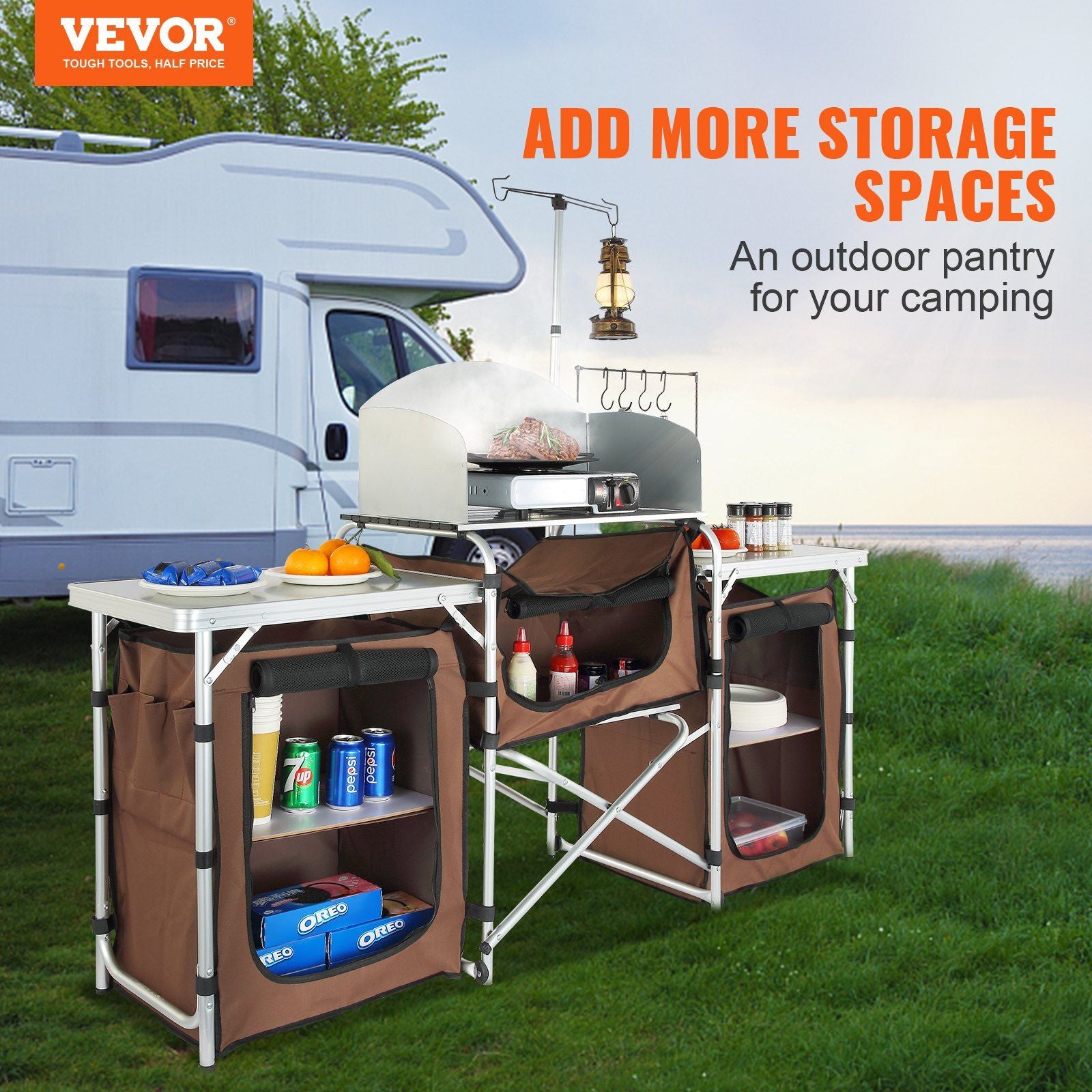 Vevor Folding Camping Kitchen Table With 3 Cupboards Brown