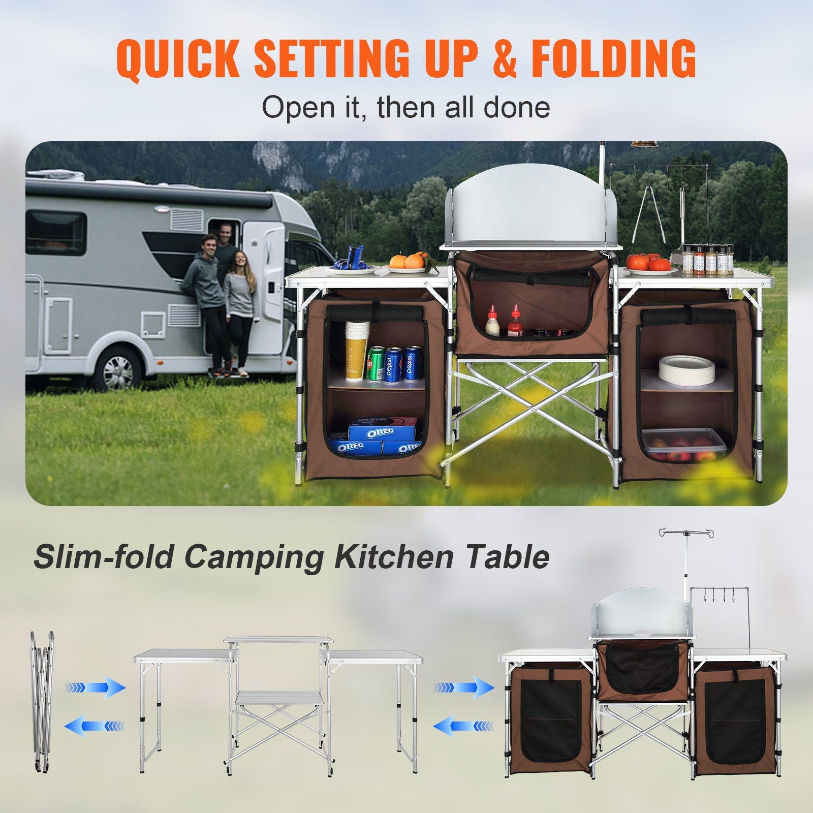 Vevor Folding Camping Kitchen Table With 3 Cupboards Brown