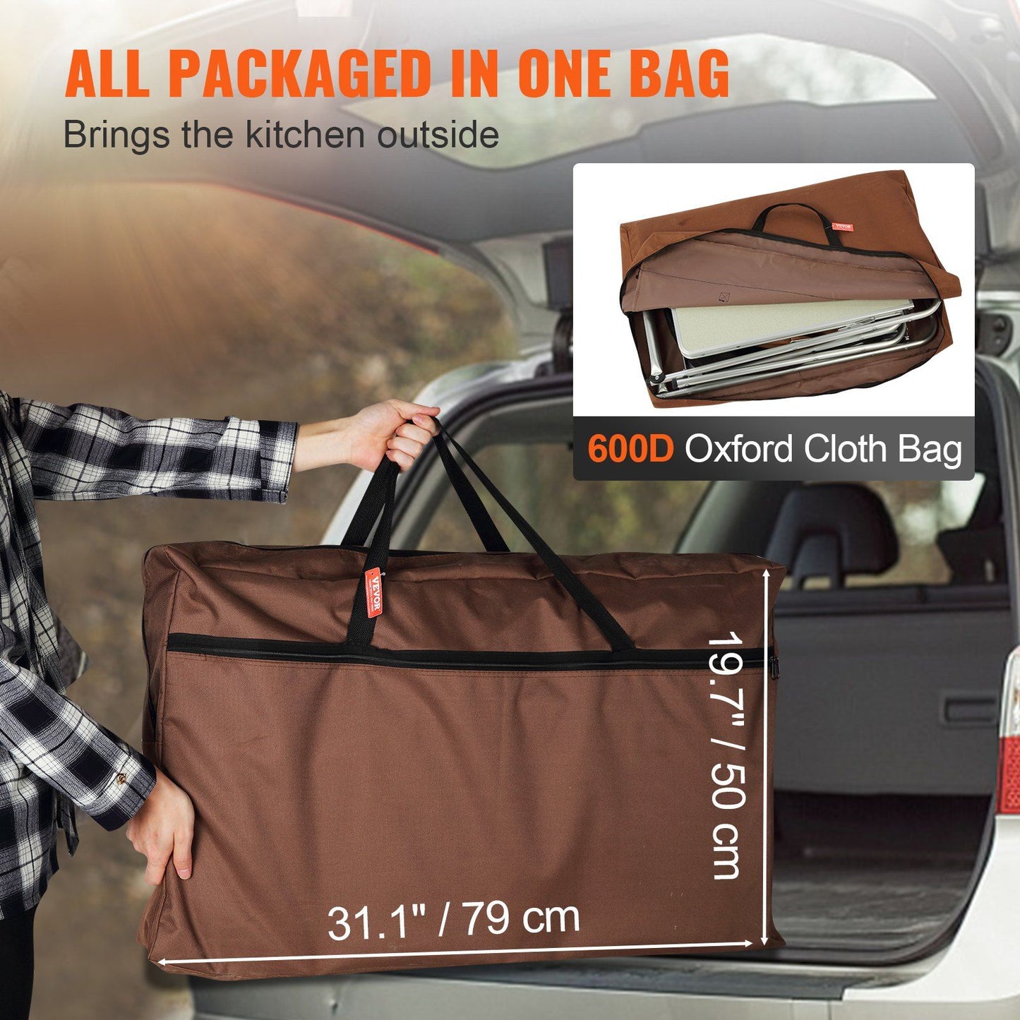 Vevor Folding Camping Kitchen Table With 3 Cupboards Brown